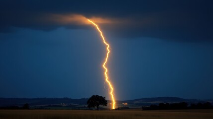 Obraz premium Dramatic Lightning Strike Illuminating a Thunderstorm Sky Above a Solitary Tree in a Rural Landscape During the Twilight Hours of a Stormy Evening