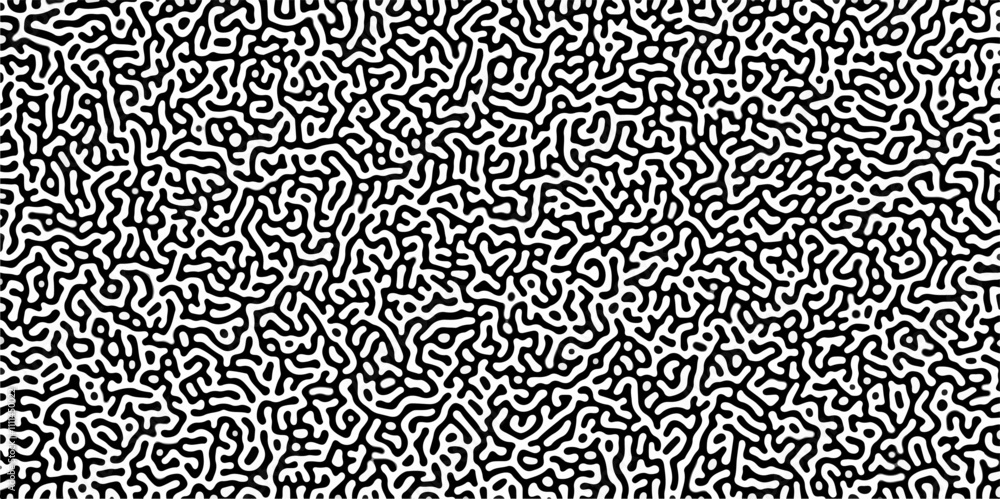 Poster Turing reaction diffusion monochrome seamless pattern with chaotic motion .Linear design with biological shapes. Organic lines in memphis. abstract turing organic wallpaper background .	