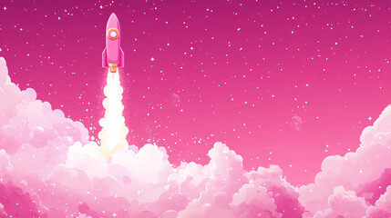 Fototapeta premium A pink rocket ascends through fluffy clouds against a vibrant pink sky, creating a whimsical and adventurous atmosphere.
