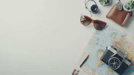 Explore the adventure of travel with essential items like a map, compass, small camera, and sunglasses, all set on a clean, white background. Generative AI