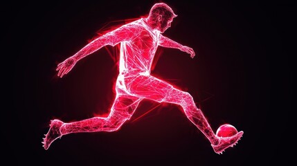 Naklejka premium Dynamic football kick simulation virtual arena digital art futuristic environment side view sports innovation