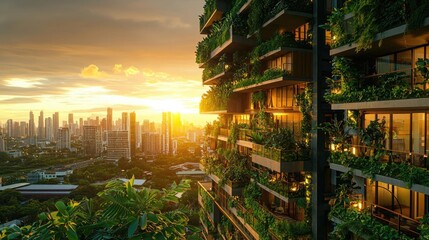 Obraz premium Modern green building with vertical gardens at sunset in an urban landscape.