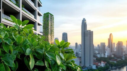Fototapeta premium Urban skyline with greenery, showcasing sustainable city living.