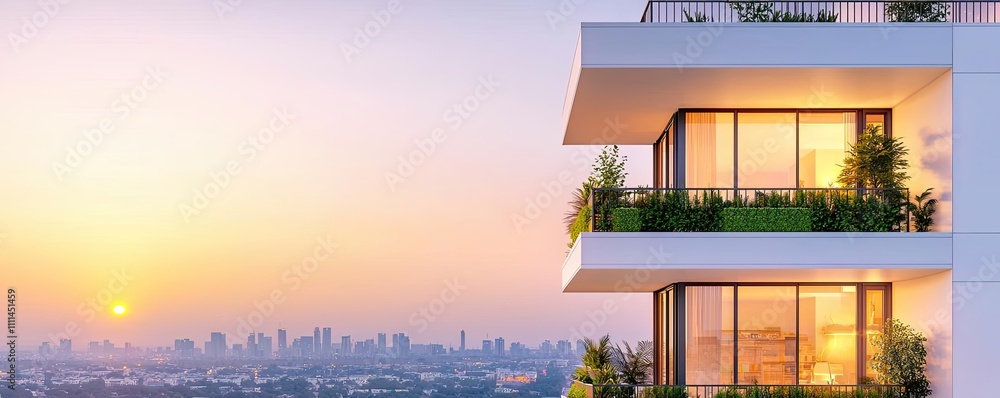 Poster modern building with large windows and sunset in the background