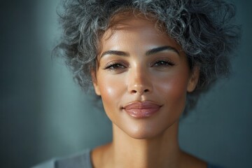 Elegant confident mature black woman with short curly gray hair smiling in modern studio