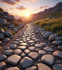 Fototapeta premium Mountain cobblestone path with smooth reflective stones in the foreground at sunset, cobblestone, atmospheric lighting, landscape photography