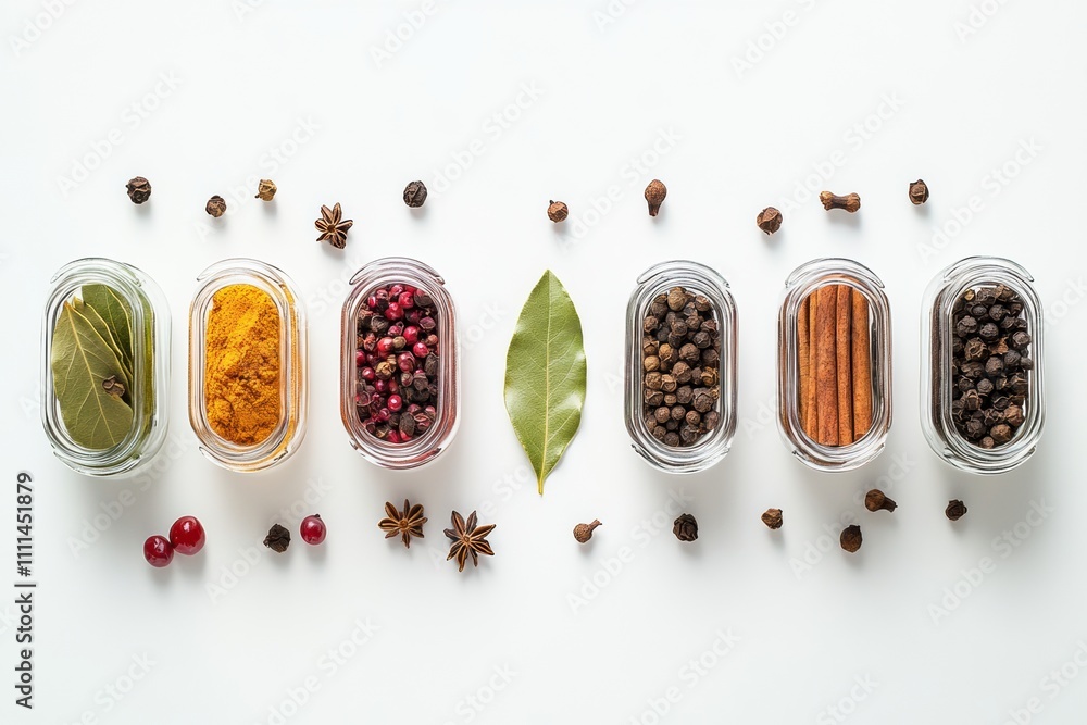 Poster a colorful array of spices in jars, featuring bay leaves and cinnamon, invites culinary creativity a