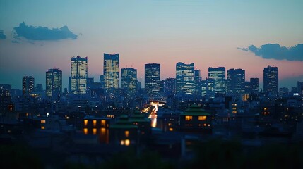 Fototapeta premium City skyline at dusk with illuminated buildings, soft pastel sky.