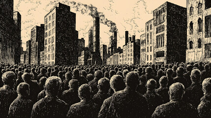 Industrial Revolution Crowd A Sea of Faces Against a Factory Cityscape