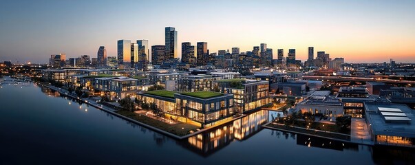Fototapeta premium City skyline at sunset, vibrant buildings and water reflection, urban landscape.