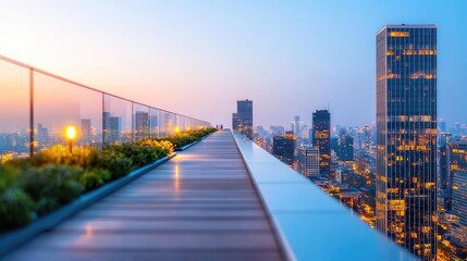 Obraz premium Stunning city skyline view from a rooftop with vibrant sunset lights.