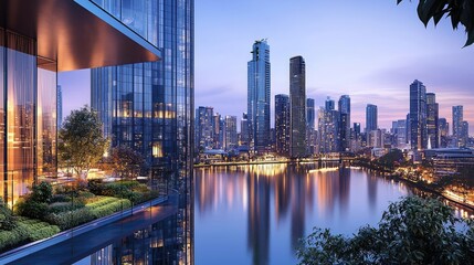 Fototapeta premium Modern city skyline at sunset with serene river reflection and lush greenery.