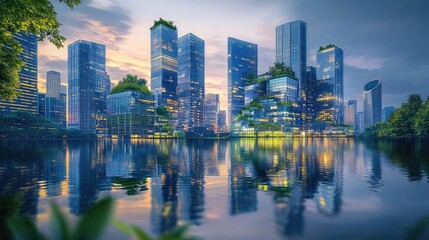 Futuristic city skyline reflecting on water, surrounded by lush greenery at sunset.
