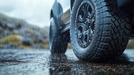Close up of tire sidewall detail against rainy backdrop
