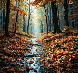 Rain-soaked forest floor reveals a kaleidoscope of autumn colors as leaves fall gently, outdoor scene, leafy landscape, forest floor