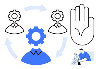 Head gears represent workflow automation while arrows depict processes. Hands signify stopping action, and an individual reads data. Ideal for business, teamwork, processes, collaboration, workflow