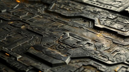 Metallic iron core with intricate magnetic field details, isolated on dark background, showcasing industrial strength and precision.	