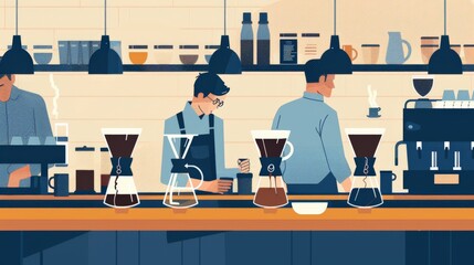 Illustration of a drip coffee tasting session with different brewing techniques explored