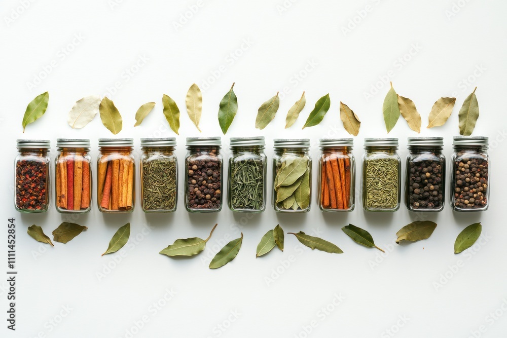 Poster Brightly colored spice jars are arranged with cinnamon sticks and bay leaves, creating an aromatic display on a clean white surface. Generative AI