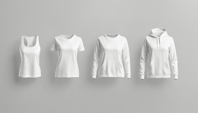 Blank white female t-shirt, tank top, sweatshirt and hoodie mockup, isolated in grey background
