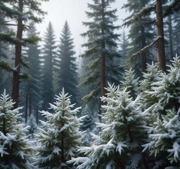 Obraz premium Snowflakes falling on the branches of a dense forest with tall evergreen trees, frosty, isolated, snowfall