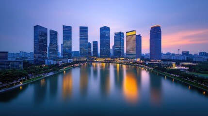 Obraz premium City skyline at twilight, reflecting lights on still water.