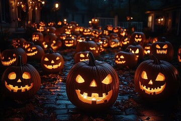 Halloween Carved Pumpkins with Glowing Faces in Eerie Autumn Night Scene
