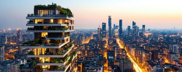 Fototapeta premium Modern skyscraper with greenery against a vibrant city sunset skyline.