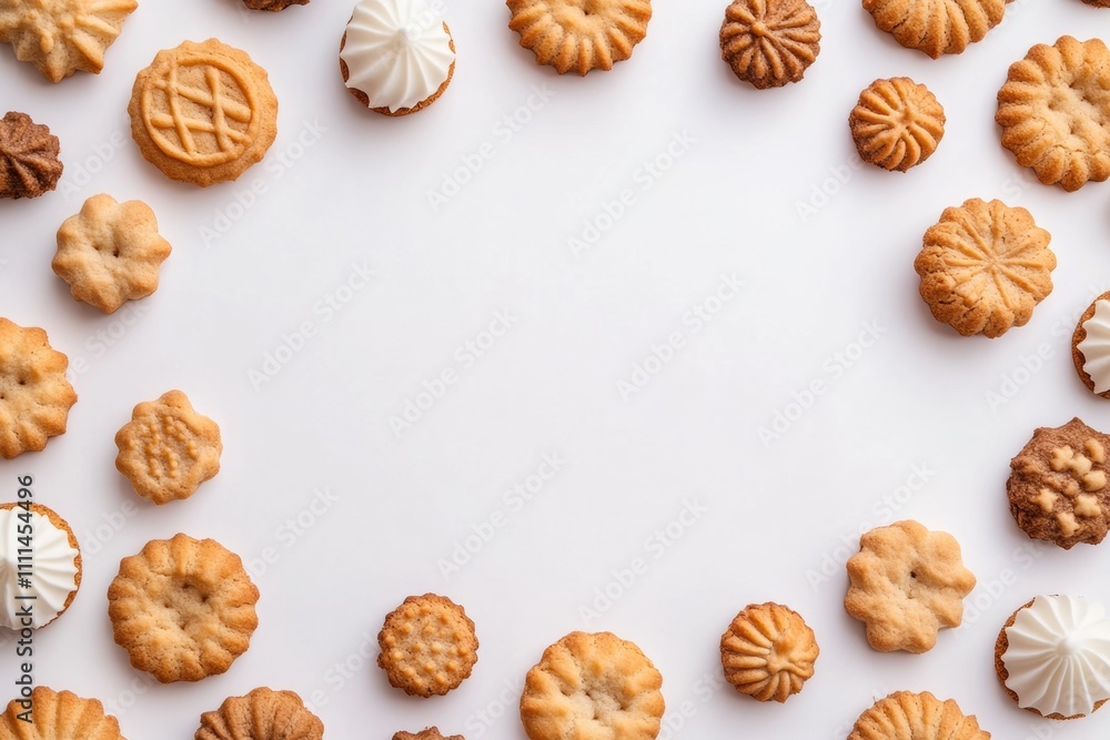 Poster An enticing variety of sweets and cookies laid out on a clean white surface, offering a perfect empty area for adding text or design elements. Generative AI