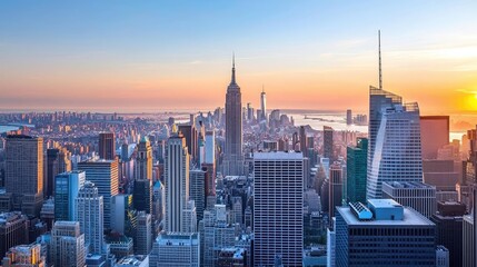 Obraz premium Breathtaking skyline view of a modern city at sunset.