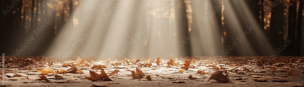 Poster a serene forest scene with sunlight filtering through trees, illuminating fallen leaves on the groun