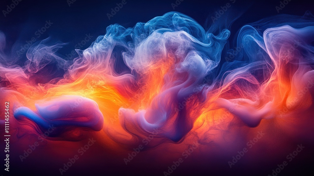Poster colorful smoke swirls and clouds on dark background with light and dynamic motion