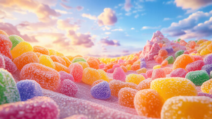 vibrant landscape of oversized gummy candies under colorful sky