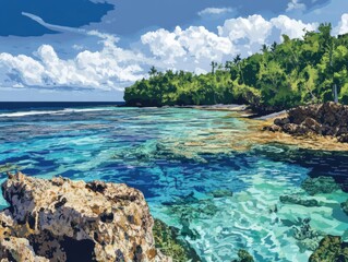 Fototapeta premium Crystal Clear Ocean Water Surrounds Lush Tropical Island Paradise