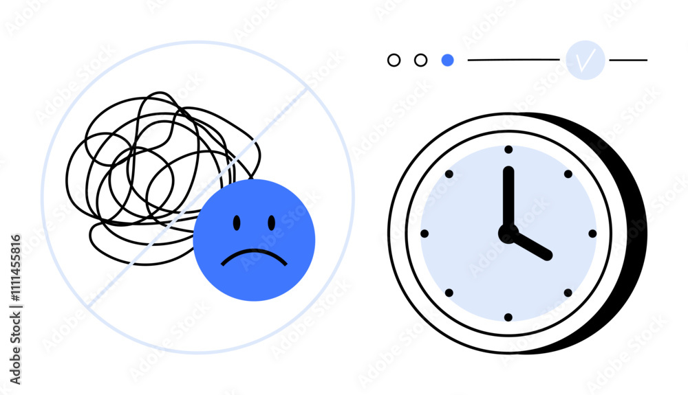 Poster sad face amidst tangled lines crossed out with circle, a clock showing time, and complete task indic