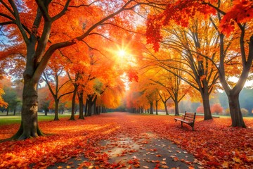 An autumn park with vibrant orange and red leaves falling from trees