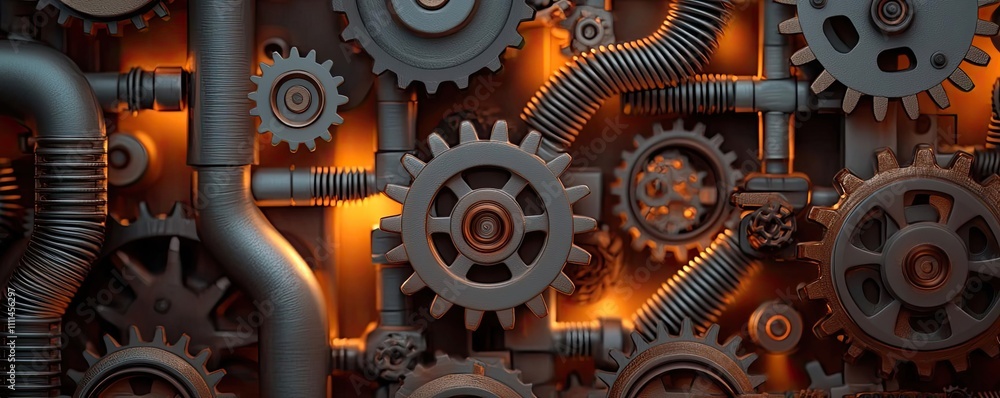Poster close-up of interconnected gears with glowing elements and dark pipes.