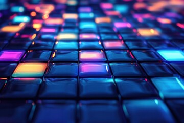 Obraz premium Vibrant Neon Cubes Glowing in the Dark, Abstract Digital Art, Futuristic Tiles Shimmering with Colorful Lights, Cyberpunk Aesthetic
