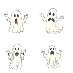 Set of Cute Scary Horrible Ghost Horror Cartoon Character Wearing White Cloth