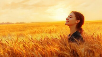 Obraz premium Serene Woman Enjoying Sunset in Wheat Field Embracing Happiness and Calmness