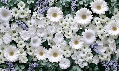 A vibrant arrangement of white and purple flowers creating a lush, decorative backdrop.