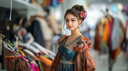 Obraz premium A beautiful woman wearing floral dress in clothing store