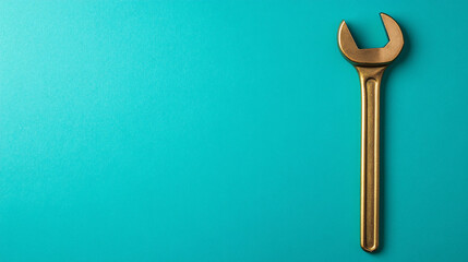 A golden wrench rests on a vibrant turquoise background, emphasizing its sleek design and utility in various mechanical tasks.