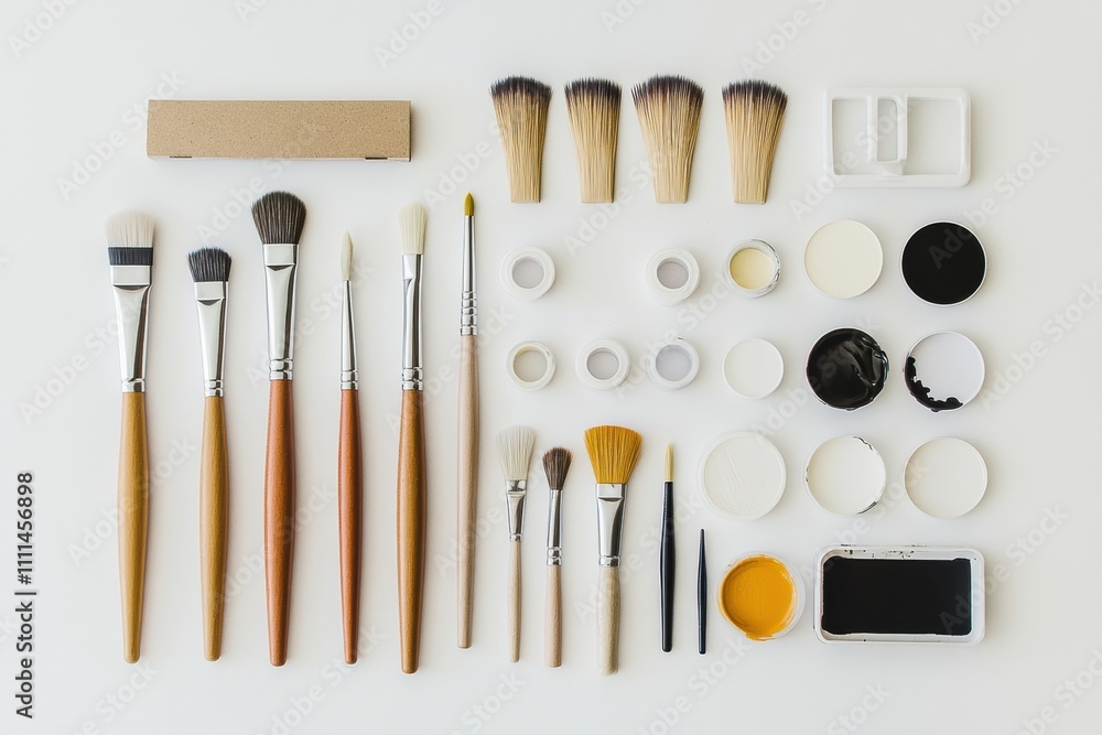 Aufkleber Brushes, scissors, glue, and small acrylic paints neatly arranged on a white surface with space available for additional text or notes. Generative AI