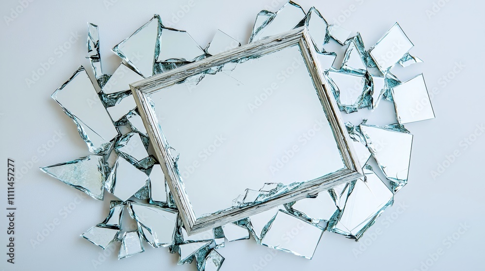 Aufkleber a shattered mirror frame surrounded by broken pieces reflecting light and creating a sense of chaos 