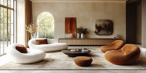 Cozy modern living room with soft curved furniture in earthy tones featuring large windows and warm natural light