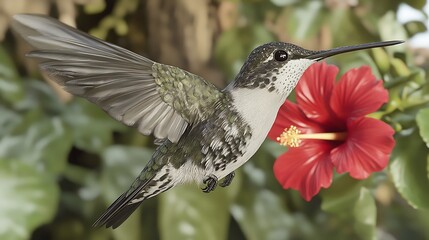 Naklejka premium Hummingbird in Flight with Red Hibiscus Flower