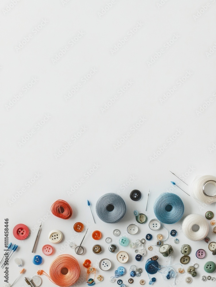 Aufkleber Sewing essentials like needles, threads, and buttons are neatly arranged on a white background with space for notes. Generative AI