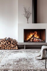 A fireplace with a gently crackling fire and a stack of logs beside it. A large rug covers the floor