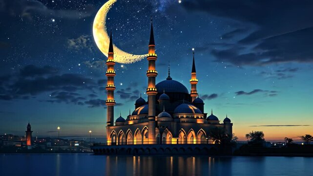 A videograph showing a mosque against the backdrop of a clear sky with a crescent moon, A crescent moon over an illuminated mosque